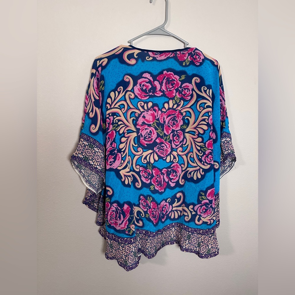 Tolani 100% silk Blue and Pink Floral short sleeve Kimono one size - Picture 6 of 6